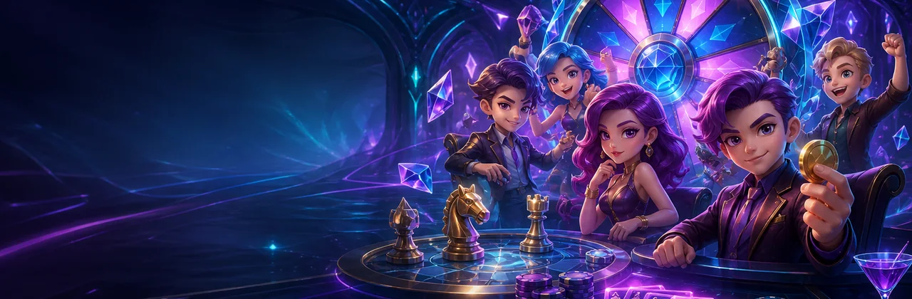 Sảnh game neon với vòng quay và quân cờ